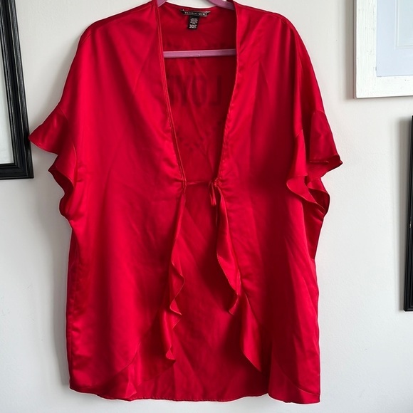 VICTORIA SECRET SATIN FLOUNCE KIMONO ROBE RUFFLE TIE ONE SIZE HEART LOVE RED - Picture 2 of 7